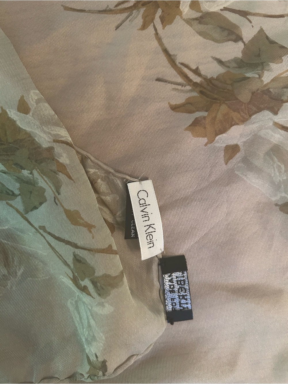 Calvin Klein Silk Taupe Floral Scarf - Picture 6 of 6